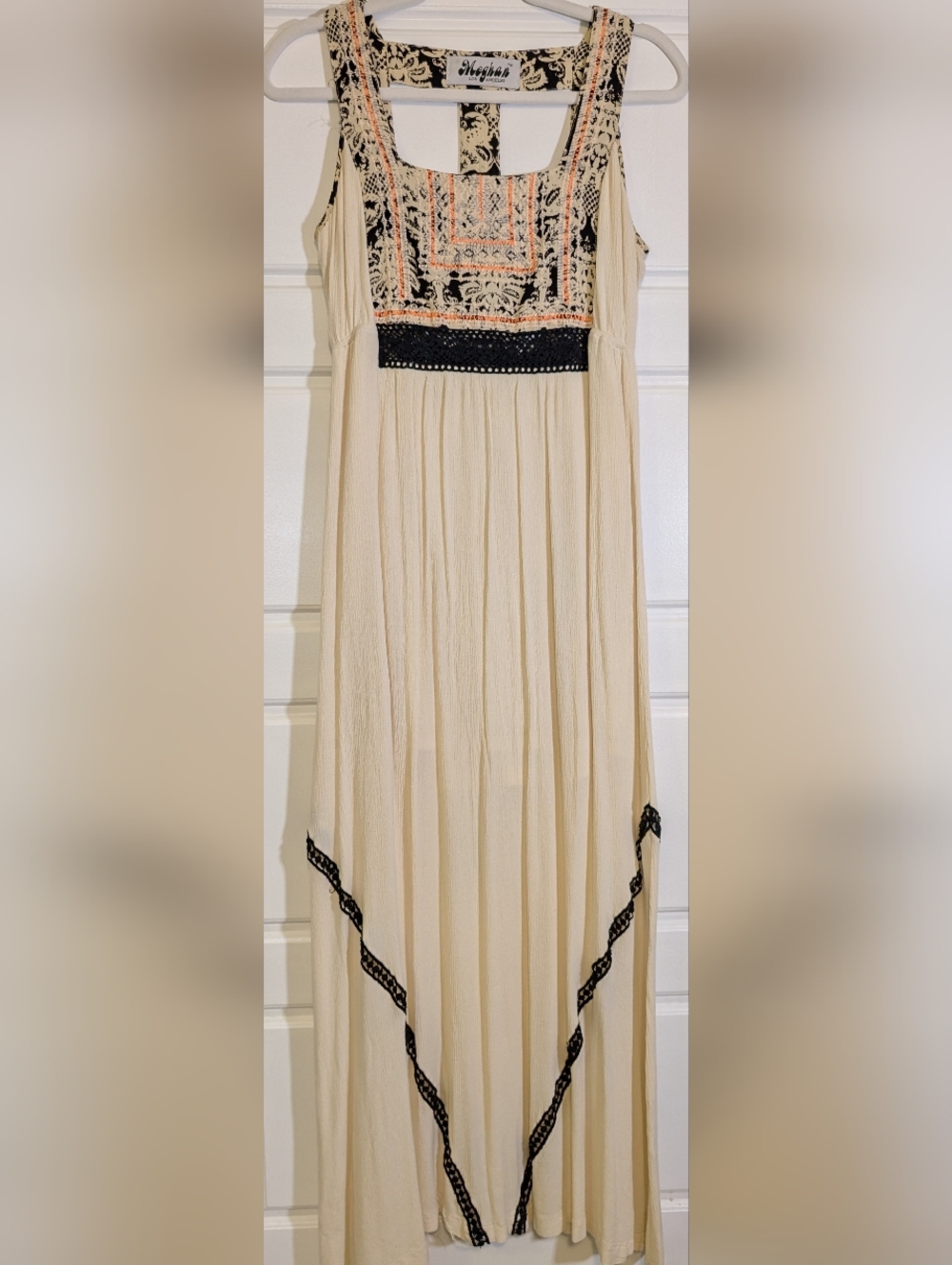 Boho Meghan LA Cream Maxi Dress with Black Trim and Embroidered Bodice